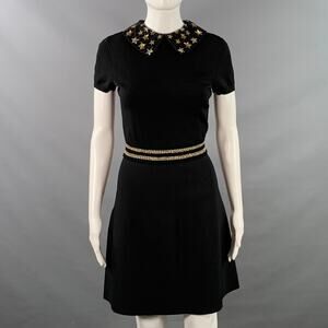 VALENTINO Size M Black Gold Viscose Blend Stars Applique Short Sleeve Dress